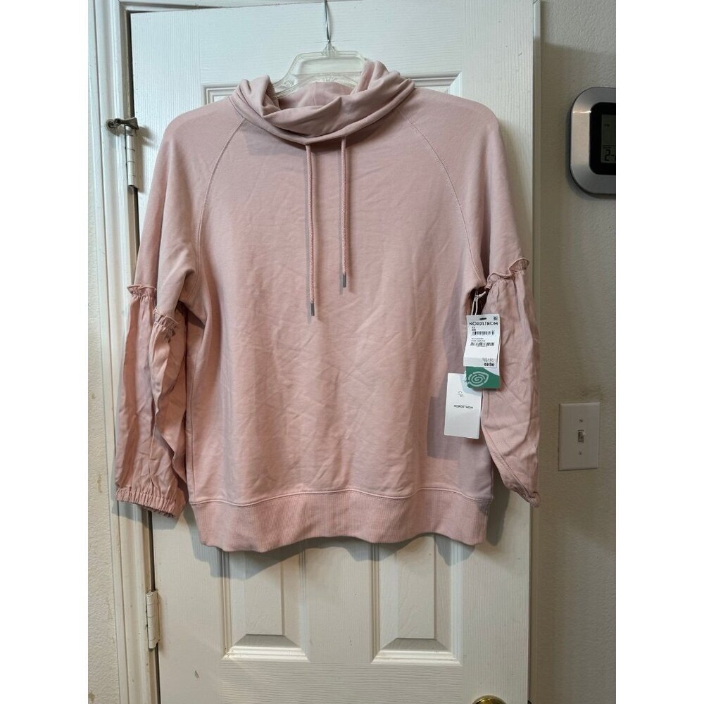 Pull over sweat shirt in pink smoke‎ XS, ruffled sleeves, NWT